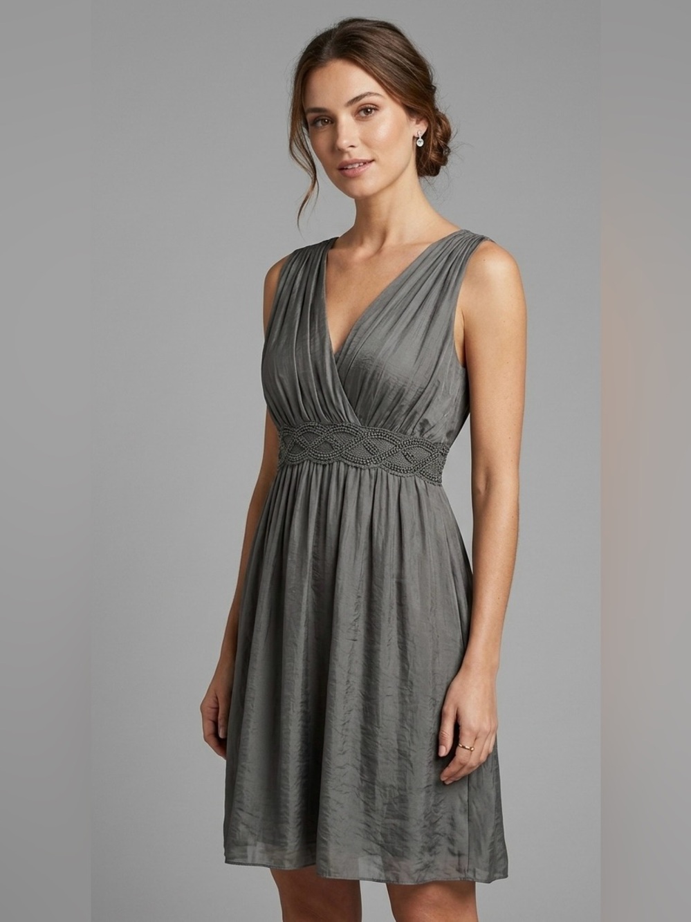 Made in Italy Grey Silk Blend Crinkle Empire Waist Cocktails Dress lace waist